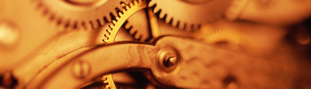 Interlocking gears in clockwork mechanism, close-up (sepia tone)